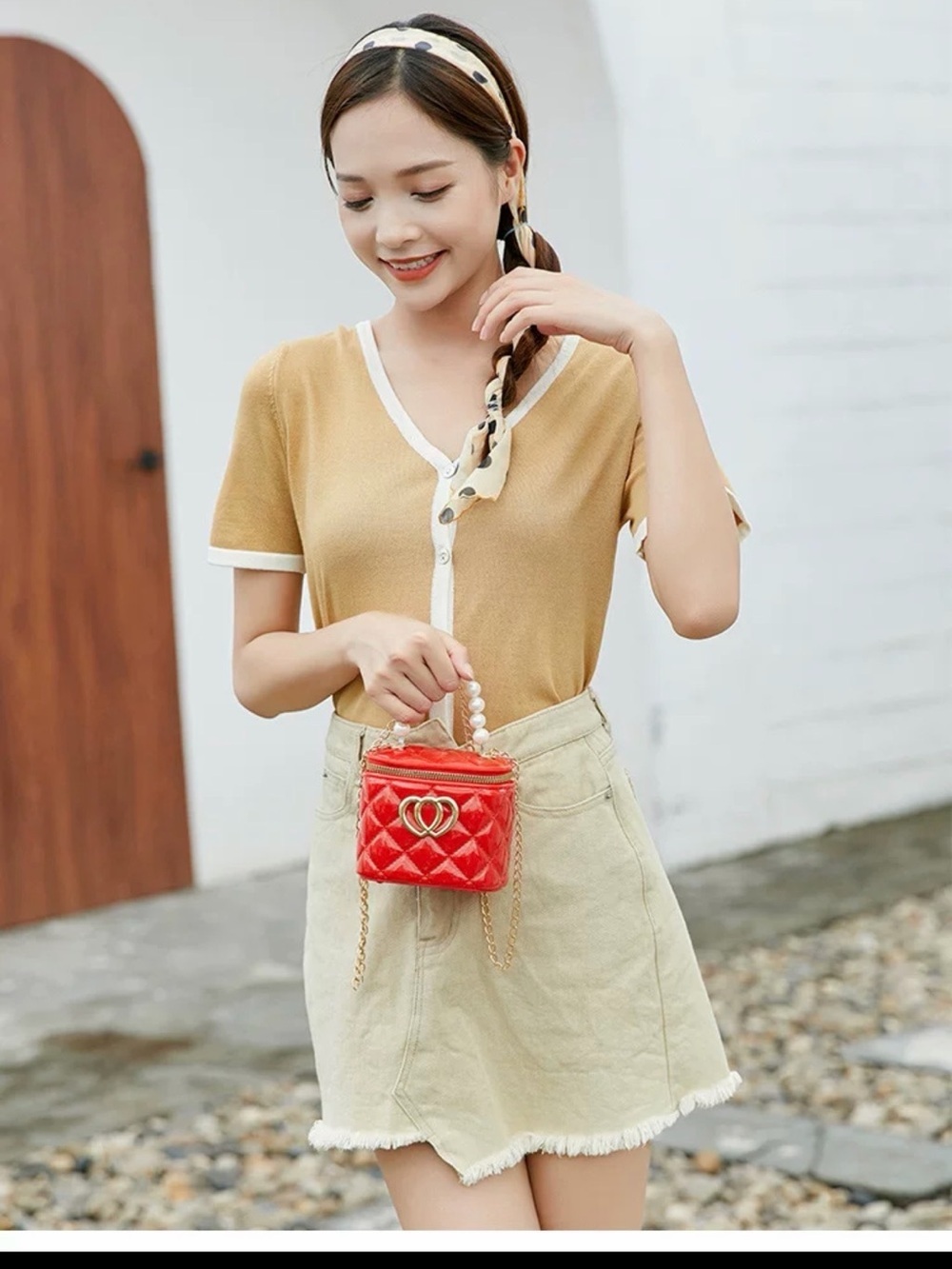Red Quilted Mini Chain Handle Bag
